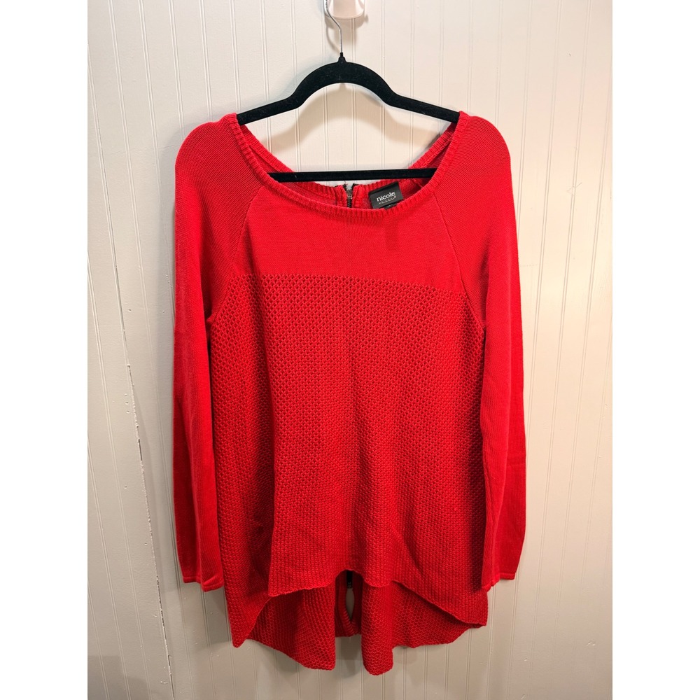 Nicole by‎ Nicole Miller Red Mixed Knit Back Zip High Low Sweater Womens Large